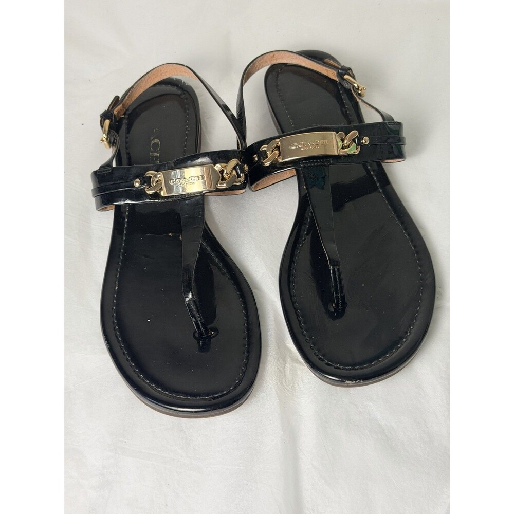 Coach Black Patent Leather T-Strap Thong Sandals Gold Logo Women’s 8.5 B
